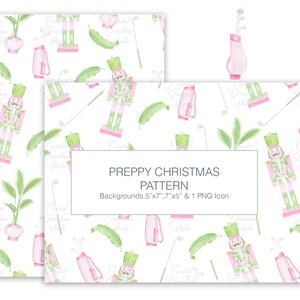 Può includere: Uno schema senza cuciture con un design natalizio preppy rosa e verde. Lo schema include uno schiaccianoci, mazze da golf, una borsa da golf e una pianta in vaso. Il testo "PREPPY CHRISTMAS PATTERN" e "Backgrounds 5"x7", 7"x5" & 1 PNG Icon" è incluso nel design.