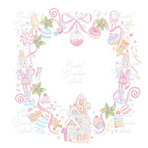 Può includere: Illustrazione ad acquerello di un design circolare per le vacanze con nastri rosa, caramelle e dolci. Il design include una casa di pan di zenzero, schiaccianoci e vari dessert in colori pastello. Il testo "Coastal Grandma Studio" è visibile.