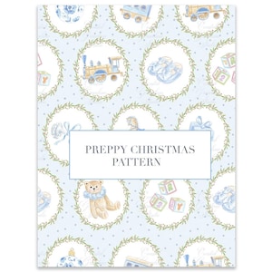 Modello preppy per il primo Natale del neonato // Design del tessuto // Cavallo a dondolo // Grande millennial // PNG // Motivo acquerello //