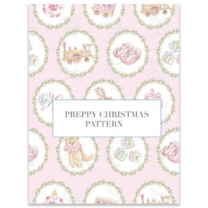 Modello preppy per il primo Natale di una bambina // Design del tessuto // Cavallo a dondolo // Grande millennial // PNG // Modello acquerello //