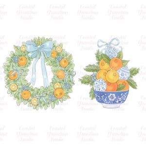 May include: A watercolor illustration of two Christmas decorations. One is a wreath with blue ribbon and oranges. The other is a bowl with oranges and blue and white ornaments.