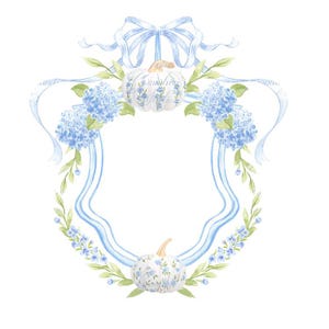 May include: Watercolor illustration of a decorative frame with a light blue ribbon bow at the top. The frame features two white pumpkins with blue floral patterns, blue hydrangeas, and green leaves. The frame is outlined with a light blue ribbon.