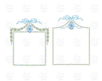 May include: Two watercolor illustrations of square frames with decorative elements. Each frame features a light blue bow, a floral ornament, and green and blue accents. One frame has a striped design, the other has a leafy border.