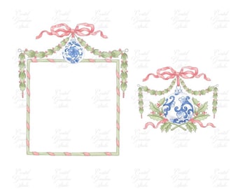 May include: Two watercolor illustrations of Christmas ornaments with a blue and white design. The ornaments are surrounded by green holly and red ribbon. One ornament is in a square frame with a green and white striped border.