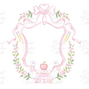 Back to School Watercolor Crest // Watercolor Clipart// Preppy school crest// Apple Crest // Bow Crest // Teachers Crest