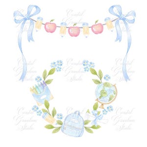 Back to School Watercolor Crest // Watercolor Clipart// Preppy school crest// Apple Crest // Bow Crest // Teachers Crest // Baby Blue Crest