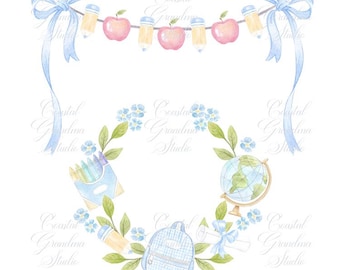 Back to School Watercolor Crest // Watercolor Clipart// Preppy school crest// Apple Crest // Bow Crest // Teachers Crest // Baby Blue Crest