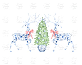 Reno navideño chinoiserie: PNG azul y blanco (descarga digital)