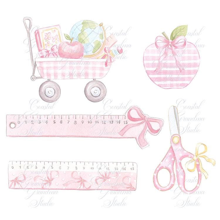 Back to School Watercolor Clip Art // Watercolor Paperclip // Preppy school backpack// School Bus // Teachers Clip art // Baby Pink Clip Art