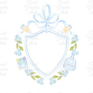 Back to School Watercolor Crest // Watercolor Clipart// Preppy school crest// Apple Crest // Bow Crest // Teachers Crest // Baby Blue Crest