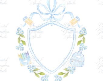 May include: A watercolor illustration of a blue shield with a blue bow on top. The shield is surrounded by a wreath of forget-me-not flowers, pencils, crayons, and a blue and white gingham backpack.