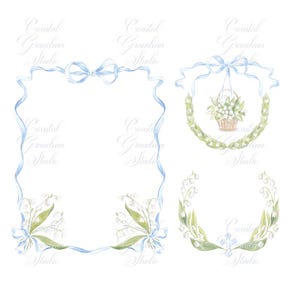 Può includere: Un set di quattro immagini clipart digitali che presentano illustrazioni ad acquerello di fiori di mughetto e accenti di nastro blu. Le immagini includono una ghirlanda, un cesto di fiori e due cornici con accenti floreali d'angolo.