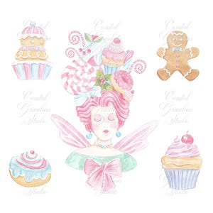 Puede incluir: Ilustración en acuarela que presenta un hada con cabello y alas rosas, adornada con dulces. También se representan cupcakes, un hombre de jengibre y caramelos en colores pastel. La imagen tiene un tema caprichoso y de cuento de hadas.