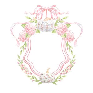 May include: Watercolor illustration of a pink frame with a bow, pumpkins, and floral accents. The pumpkins are white with floral patterns and the text "Coastal Dreams". Pink hydrangeas and ribbons decorate the frame.