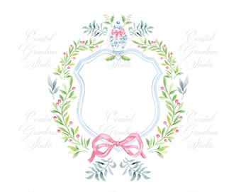 Christmas Chinoiserie Crest Clip Art: Blue Ginger Jar Topiary (PNG Digital Download)