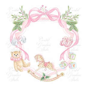 Clip art con stemma del primo Natale per bambina // Preppy // Cavallo a dondolo // Grande Natale millenario // PNG // Acquerello // Annuncio di nascita