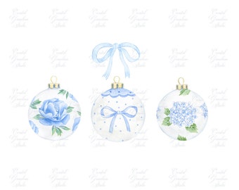 May include: Watercolor illustration of three clear glass Christmas ornaments with gold tops and blue accents. One features a blue floral design, another has blue polka dots and a bow, and the third showcases blue hydrangeas.