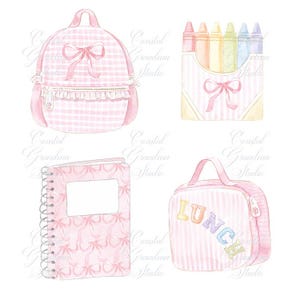 May include: A set of pink and white school supplies, including a backpack, a lunch bag, a notebook, and a box of crayons. The backpack has a gingham pattern and a pink bow. The lunch bag has a striped pattern and the word "LUNCH" in rainbow letters. The notebook has a pink and white bow pattern. The box of crayons has a pink and white gingham pattern and a pink bow.