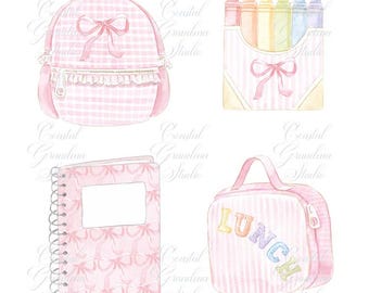 Back to School Watercolor Clip Art // Watercolor Clipart// Preppy school backpack// crayons// Teachers Clip art // Baby Pink Clip Art