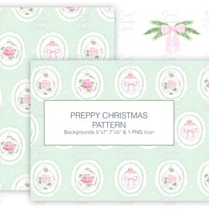 Puede incluir: Un paquete de papel digital con un tema navideño preppy. El patrón presenta adornos blancos y rosados con un diseño floral sobre un fondo verde claro con lunares blancos. El texto "PREPPY CHRISTMAS PATTERN" está incluido en la imagen. El paquete incluye fondos de 5x7 pulgadas y 7x5 pulgadas, y un icono PNG.