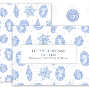 May include: A seamless pattern featuring a blue and white preppy Christmas design. The pattern includes snowflakes, ornaments, stockings, and Christmas trees. The pattern is perfect for creating holiday cards, wrapping paper, and other festive crafts.