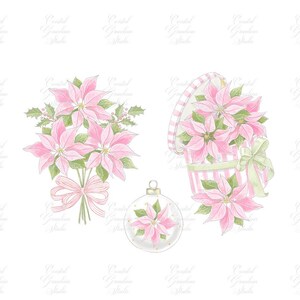 Christmas Chinoiserie Poinsettia Clipart: Pink Bow PNG (Digital Download)