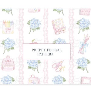 Preppy School Watercolor Seamless Pattern // Preppy school backpack// crayons// Fabric Pattern // Baby Pink art // Hydrangea Pattern