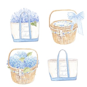 Coastal Grandmillennial Clipart: Hydrangea, Basket, Tote Bag (Digital Download)
