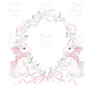 Grand millennial Easter Floral Bunny Rabbit Clip Art // Ribbons and Bows // Floral Crest Art // Coquette // Baptism art // Easter watercolor