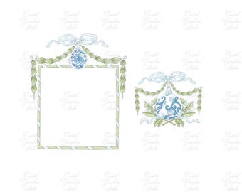 May include: Watercolor illustration of two decorative elements. One is a square frame with a blue and white striped border, adorned with a blue bow and a blue and white ornament. The other is a similar ornament design.