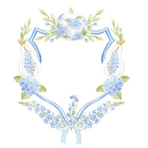 May include: Watercolor illustration of a decorative frame featuring white pumpkins and blue hydrangeas. A blue ribbon and floral accents complete the design, set against a white background.