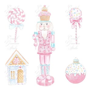 以下が含まれることがあります： 水彩画のクリスマスオーナメントとスイーツのイラスト。頭にカップケーキを乗せたピンク色のくるみ割り人形、ジンジャーブレッドハウス、ピンクのロリポップ、カラフルなスプリンクルが付いたピンク色のオーナメントが含まれています。