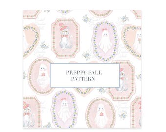 Herbst Halloween Geister Muster // Grand millennial // Katze mit Hut // Herbst Stoffdesign // Preppy Clip Art // Coquette Clip Art