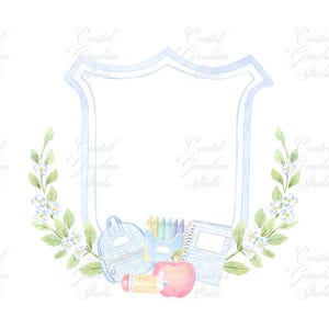Back to School Watercolor Crest // Watercolor Clipart// Preppy school crest// Apple Crest // Bow Crest // Teachers Crest // Baby Blue Crest