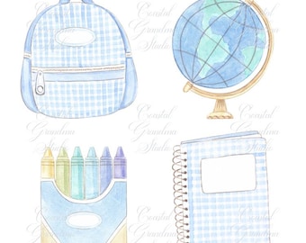 Back to School Watercolor Clip Art // Watercolor Clipart// Preppy school backpack// crayons// Teachers Clip art // Baby Blue Clip Art