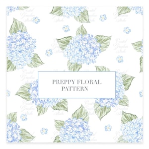 May include: A watercolour floral pattern with blue hydrangea flowers and green leaves on a white backdrop. The text "PREPPY FLORAL PATTERN" is in a rectangular box. The design has a classic, elegant feel, suitable for various applications.