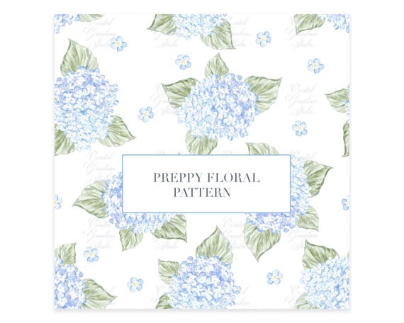 Blue Hydrangea Floral Pattern: Preppy Fabric Design (JPEG Digital Download)