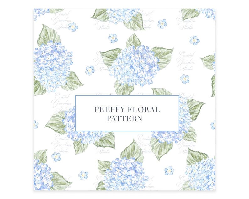 May include: A watercolour floral pattern with blue hydrangea flowers and green leaves on a white backdrop. The text "PREPPY FLORAL PATTERN" is in a rectangular box. The design has a classic, elegant feel, suitable for various applications.