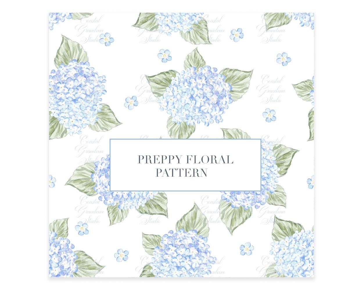 Preppy Spring Floral Hydrangea Floral Tile Pattern // Blue Coquette Pattern Design // Grand millennial // Watercolor PNG // Fabric Design
