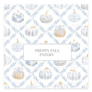 May include: A repeating pattern featuring watercolor pumpkins in various designs, including floral and woven textures, set against a white backdrop with a blue floral lattice. The text "PREPPY FALL PATTERN" is displayed in a white rectangle.