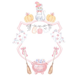 May include: Watercolor illustration of a Halloween-themed frame. A gray cat wearing a witch hat and bow tie sits above pumpkins and the word "BOO". Ghosts, a cauldron, and brooms complete the design. The text "Grandma Studio" is on the cauldron.