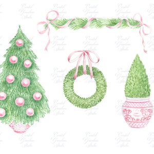 May include: Watercolor illustration of a Christmas wreath, a Christmas tree with pink ornaments, and a potted evergreen tree. The wreath is decorated with a pink ribbon. The Christmas tree is decorated with pink ornaments and has a pink base. The potted evergreen tree is in a pink and white pot.