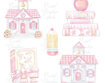 Back to School Watercolor Clip Art // Watercolor School // Preppy school books// School Bus // School House // Baby Pink Clip Art