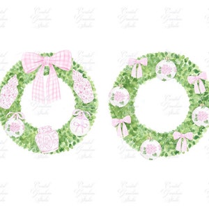 May include: Two watercolour wreaths with pink and green accents. The wreaths are decorated with pink gingham bows, pink and white ornaments, and pink and white porcelain jars.