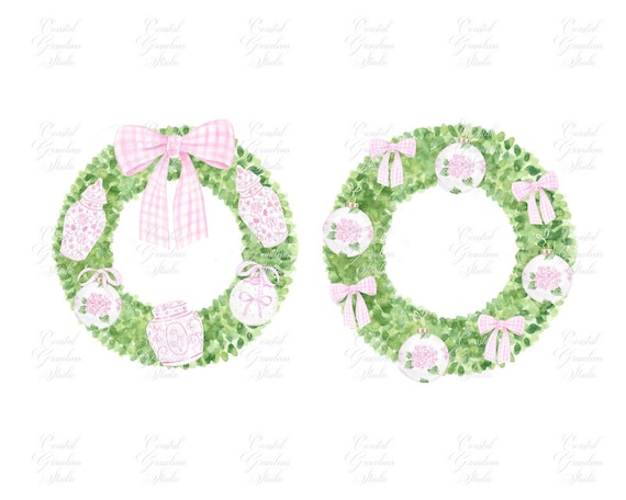 Pink Christmas Wreath Clipart: Preppy Gingham Bow (PNG Digital Download)