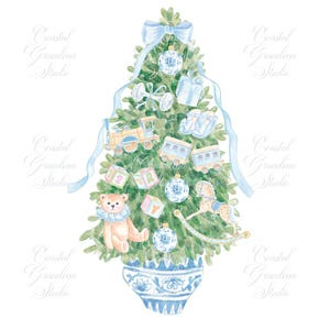 Clip art del primo albero di Natale per neonato // Preppy // Cavallo a dondolo // Grande Natale millenario // PNG // Acquerello // Annuncio di nascita