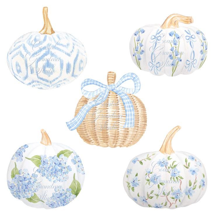 Herbst Erntedank Halloween Kürbisse // Blau und Weiß // Grand Millennial // PNG // Hortensien Aquarell // Preppy Clip Art