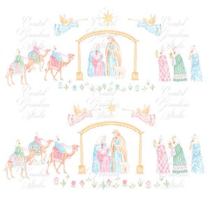 May include: A watercolour illustration depicting a Nativity scene with the Holy Family, the Three Wise Men, angels, and camels. The design includes floral accents and the text "Coastal Grandma Studio" in a script font, all on a white background.