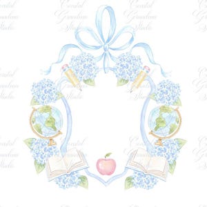 Back to School Watercolor Crest // Watercolor Clipart// Preppy school crest// Apple Crest // Bow Crest // Teachers Crest // Baby Blue Crest