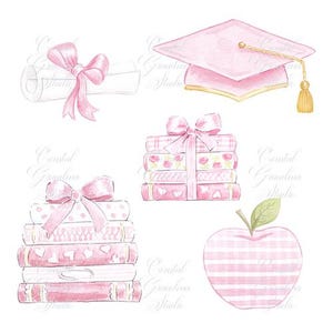 May include: Pink watercolor graduation clipart set with a graduation cap, diploma, stack of books, and an apple. The items are all decorated with pink and white polka dots, stripes, and floral patterns.